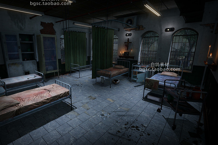 Unity3D废弃病院模块化医院杂草丛生房间预制件道具手术U3D植物B455