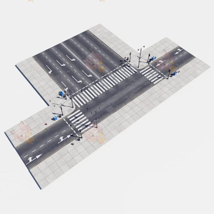 C4D模块化道路十字路口街道设施路线标志fbx模型3D建模maya素材C4919