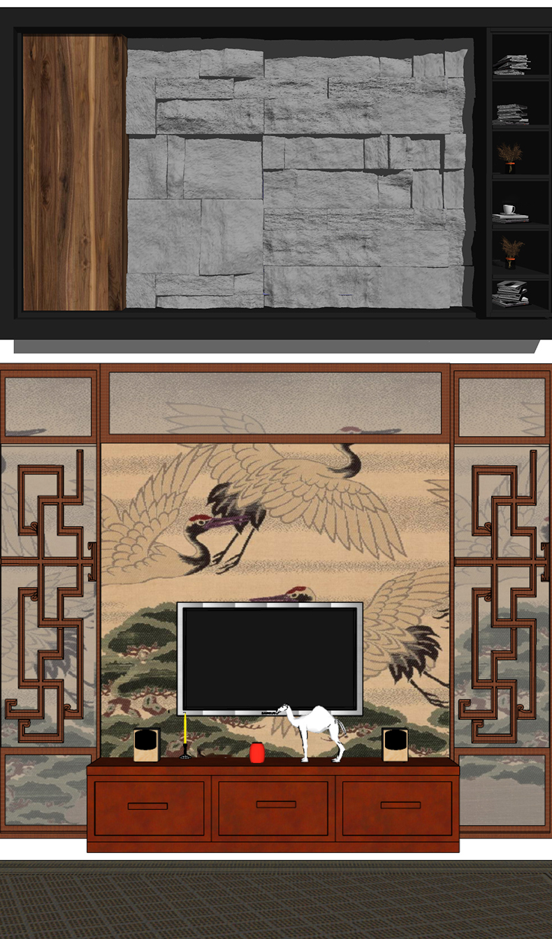 SU客厅电视背景墙模型家装参考sketchup建模简约中式装修设计素材S57