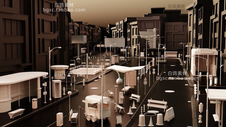 zbrush白膜街道设施交通道具交通灯垃圾桶路牌栏杆路灯blender模型obj素材B488