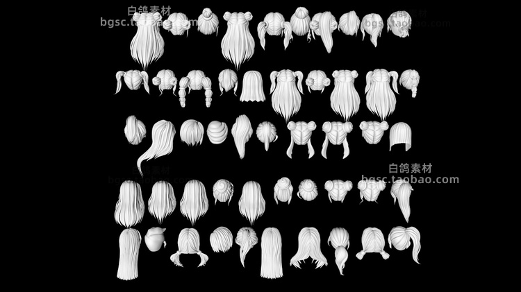 zbrush白膜女生头发马尾辫子短发长发二次元卡通发型建模obj设计fbx素材B499 