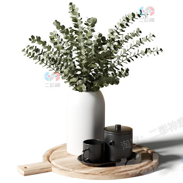 C4D白色花瓶桉树室内摆件茶壶茶杯托盘max模型obj建模3D设计素材C4984