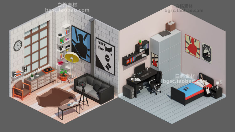 C4D卡通lowpoly微缩房间卧室客厅厨房家具max场景obj模型maya素材B513