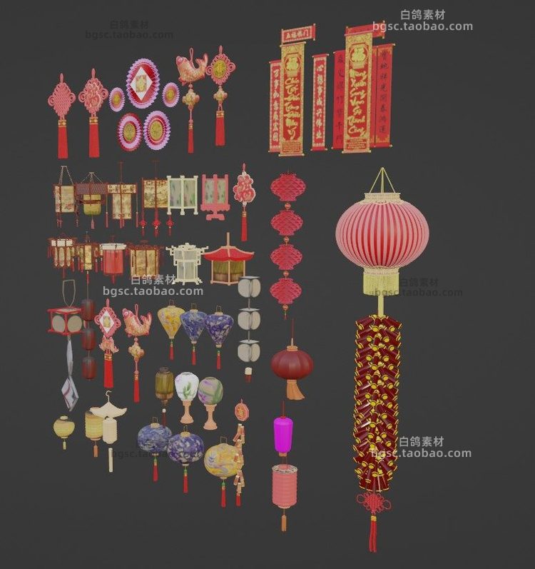 zbrush低模新年元旦元宵春节中国结灯笼鞭炮obj模型fbx建模mb素材B530