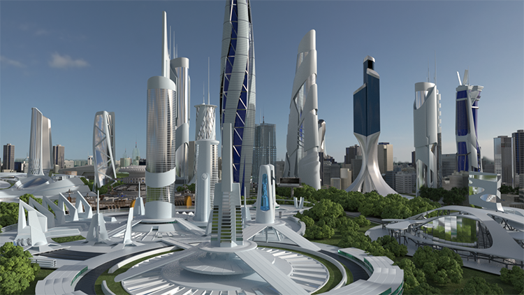 C4D未来科幻世界城市创意建筑植物大都市OC渲染场景工程文件素材C5073