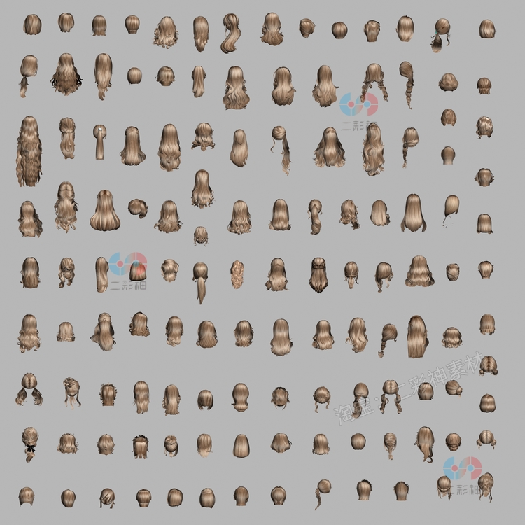 C4D卡通低模lowpoly女生头发辫子发型马尾选法obj斜刘海maya模型C5077