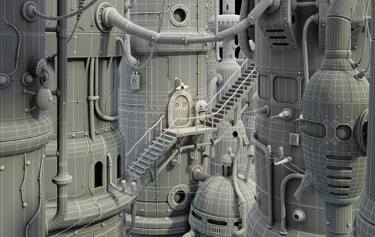 C4D科幻钢铁城市卡通机械风格赛博朋克机器人房屋建筑工程源文件C5082