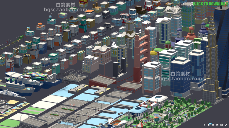 卡通lowpoly城市资产房屋建筑交通工具道路桥梁公园公共娱乐设施3D模型B547