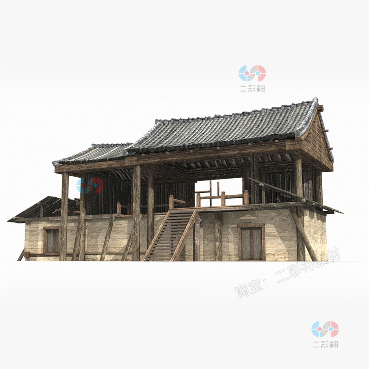 C4D低模复古建筑破旧房屋木头房子max模型fbx格式建模渲染3D素材C5138