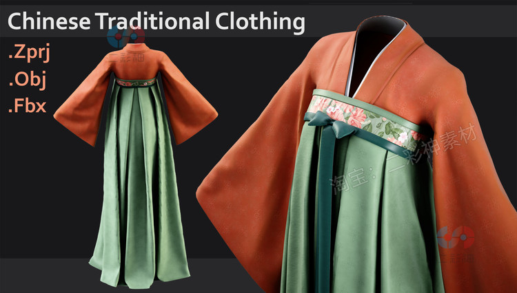 C4D低模中国传统服饰衣服女士服装MD模型fbx设计obj格式素材建模C5142