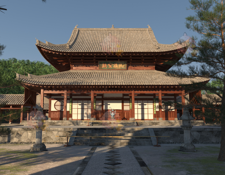 C4D古风建筑大雄宝殿OC建模渲染源文件微观场景树木庭院模型素材C5162