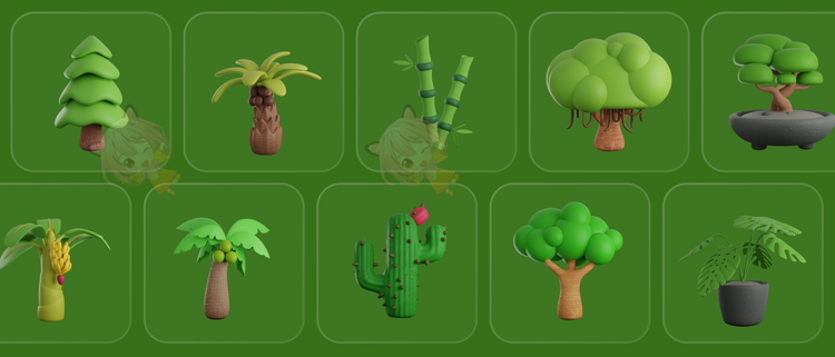 C4D卡通低模可爱树木植物maya图标集立体盆栽PNG图obj模型fbx素材