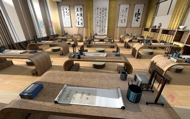 C4D复古教室3D书法国画绘画兴趣班毛笔教学obj模型fbx建模su素材C5194