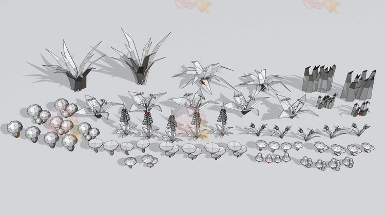 C4D低多边形卡通低模Lowpoly岩石植物obj森林fbx景观元素max资产C5199