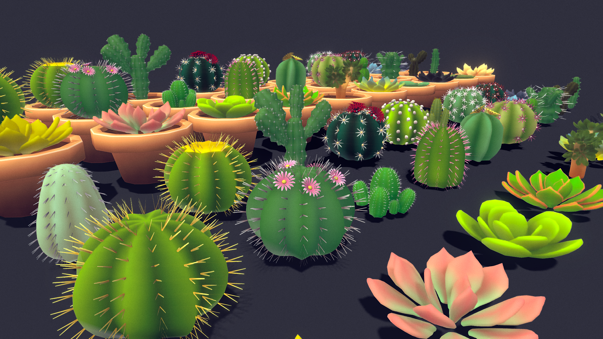 C4D卡通低模多肉植物仙人掌3D盆栽摆件obj模型fbx建模blender素材