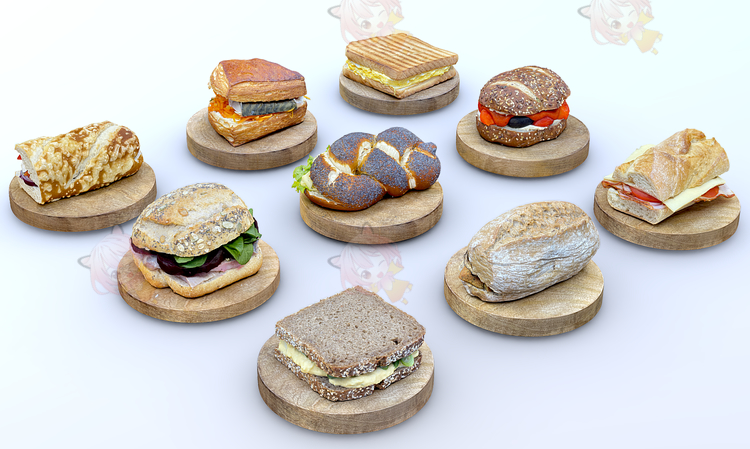 C4D低模沙拉三明治食物煎蛋卷蔬菜肉食托盘3D模型fbx建模obj素材C5216