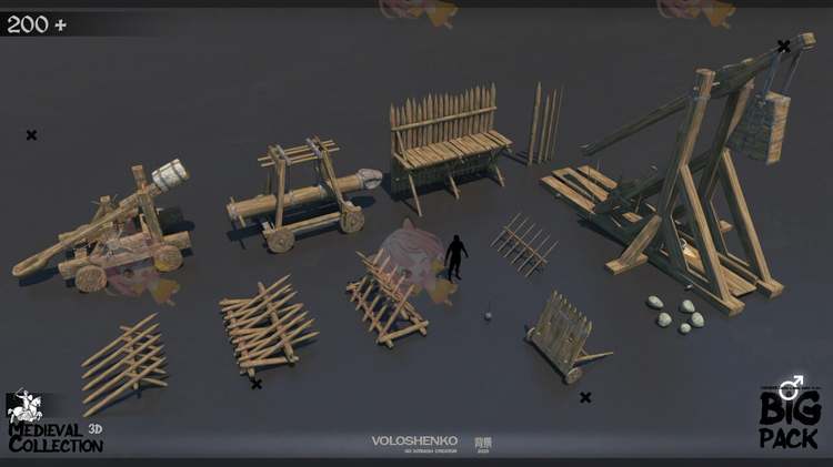 白膜C4D中世纪道具资产建筑门栅栏旗帜maya木制品obj模型fbx建模C5257