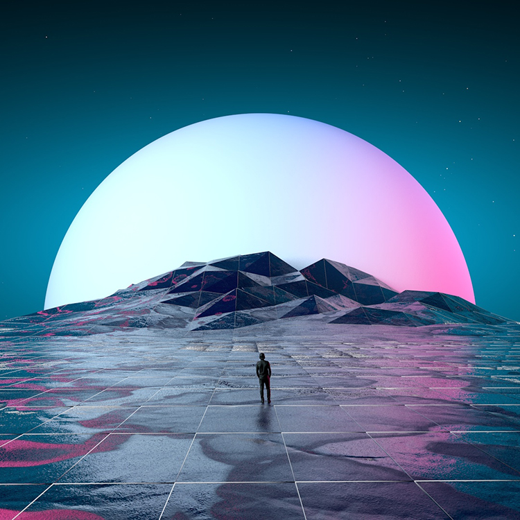 C4D低模科幻创意人物山脉山峰渐变霓虹星球建模lowpoly设计素材C5293