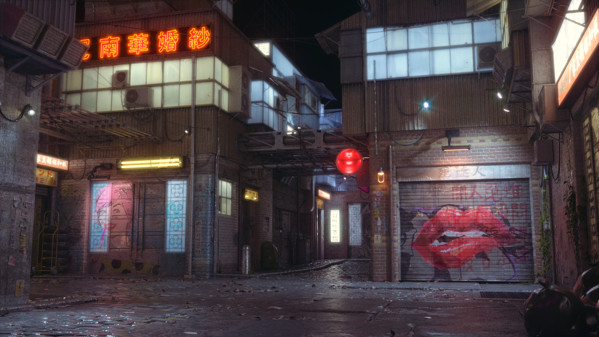 C4D夜晚社区街道破旧老旧街区房屋建筑复古港式OC渲染器场景工程C5333