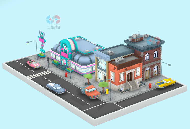 C4D卡通低模餐厅汽车红路灯路口场景maya模型渲染fbx建模obj素材C5389