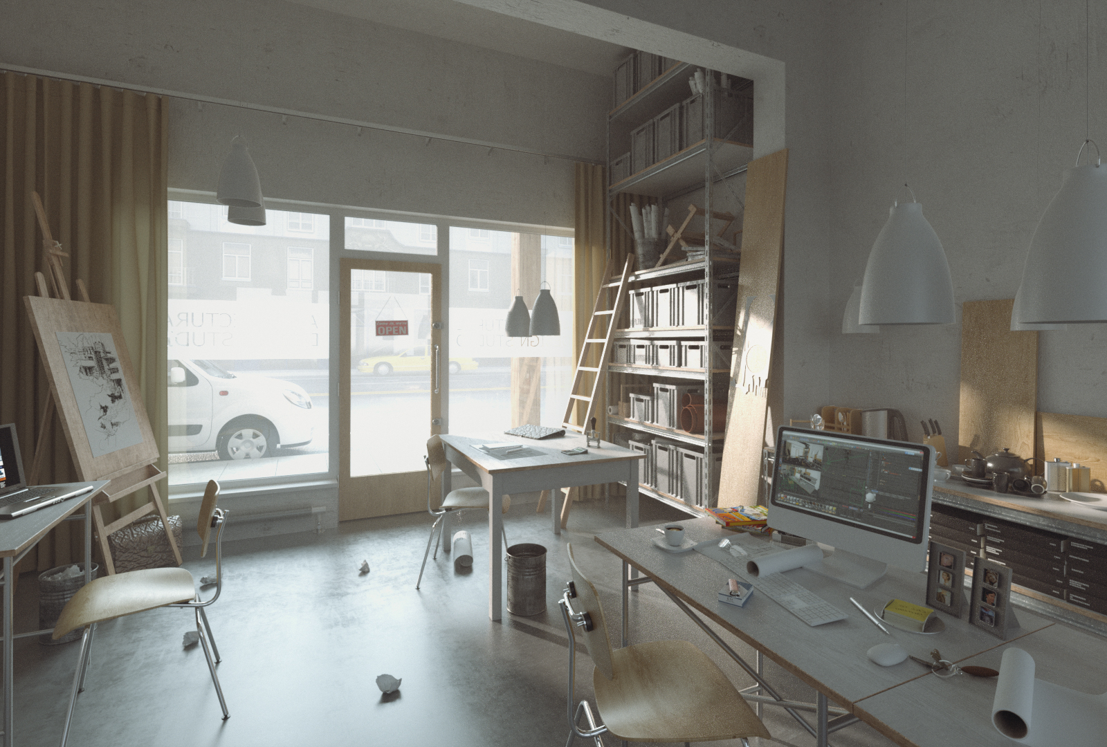 C4D设计工作室场景室内空间电脑桌椅简洁OC渲染器模型工程源文件C5392