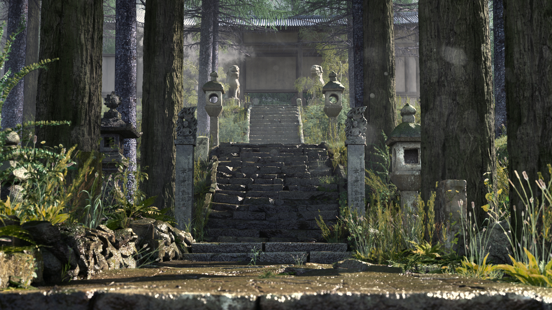 C4D山门宗门台阶植物大树OC渲染器建模素材模型场景工程源文件C5398