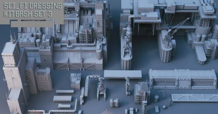 白模C4D科幻城市结构件机械设备工厂工业建筑设施fbx模型obj素材C5406