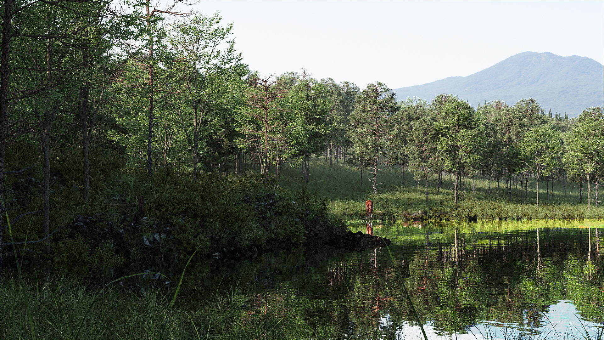 C4D自然景观树林草地湖面饮水马匹植物场景OC渲染器建模工程文件C5421
