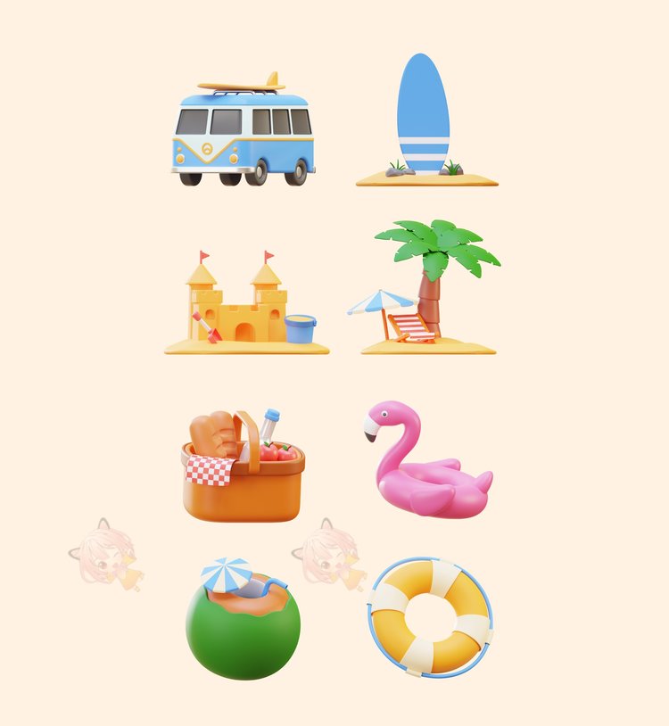 C4D夏天夏季旅游度假3D大巴车obj泳圈fbx面包篮子Blender模型素材C5433
