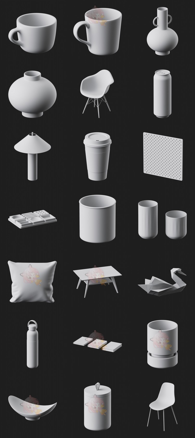 白膜C4D几何图形装饰螺旋锥形球型3D杯子maya模型obj素材fbx建模C5462