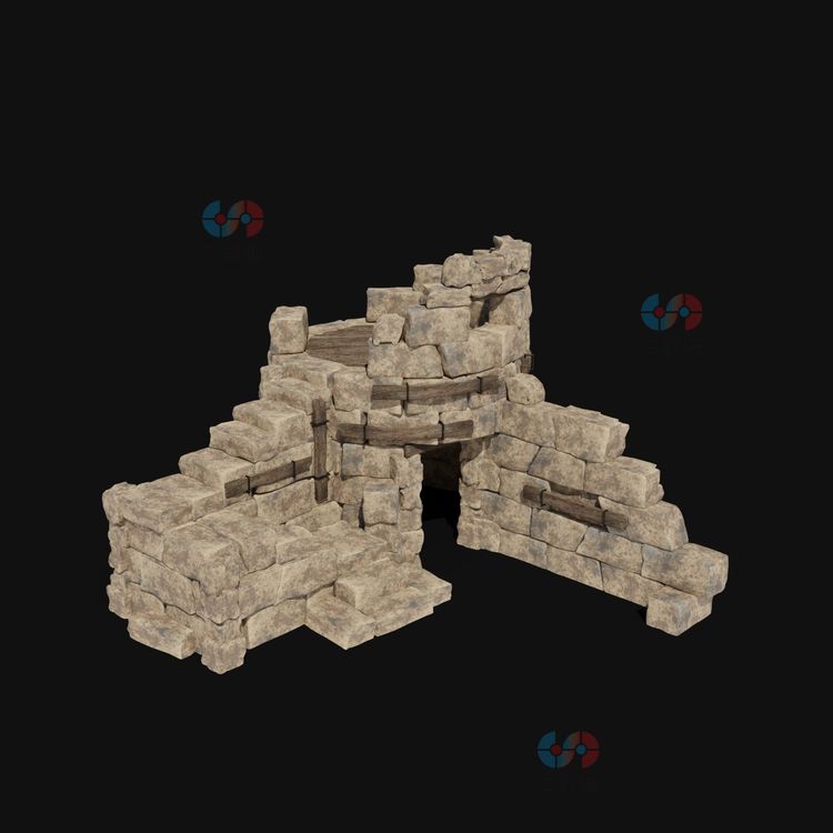 C4D城堡废墟墙塔墙瞭望台建筑低聚3d模型obj建模fbx设计maya素材C5533