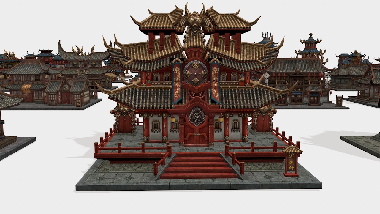 C4D古代卡通游戏中式宫殿塔FBX楼阁zbrush建筑maya模型3Dmax素材C5538