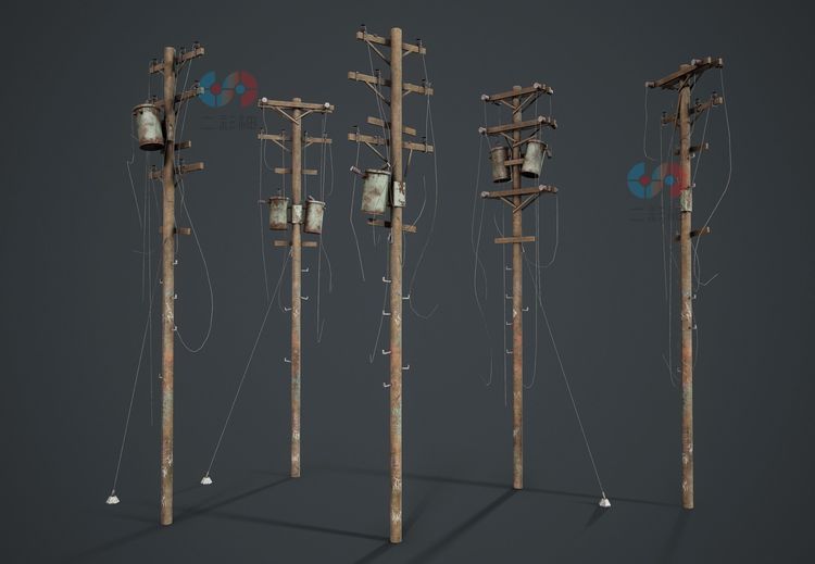 C4D复古电线杆PBR游戏就绪低多边形3D模型obj建模fbx设计maya素材C5570