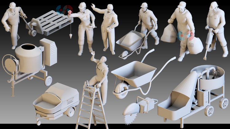 C4D白膜建筑建房工人工具设备机械maya梯子obj模型fbx建模max素材C5613