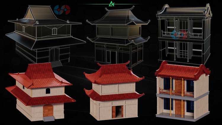 C4D亚洲建筑道具资产房屋灯笼凉亭桥blend喷泉门obj模型fbx建模C5614