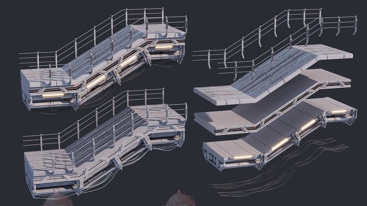 C4D科幻创意楼道zbrush路桥平台maya道路obj模型3D素材fbx建模C5632