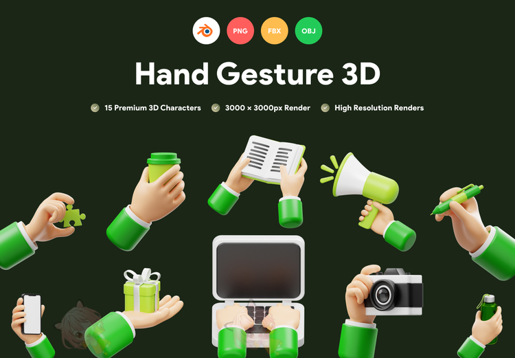 C4D低模卡通手势手持物品3D图标模型obj建模blender素材png免扣图C5633