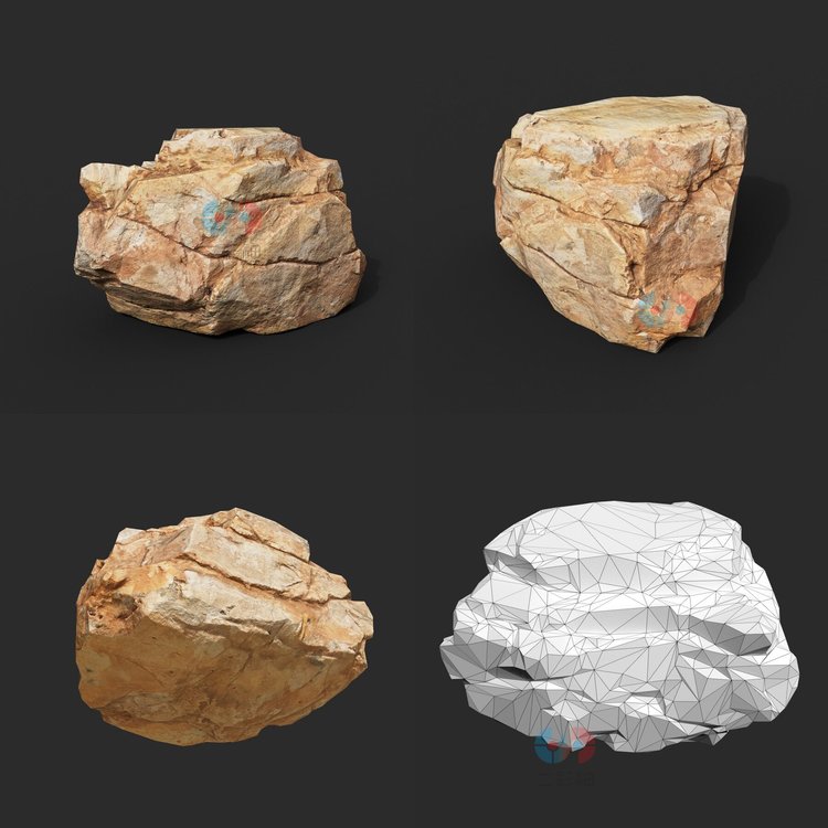 C4D黄色dae岩石模块化fbx高清16K纹理obj石头zb石块3D游戏max资产C5637