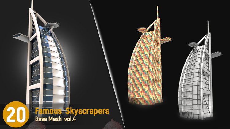 白膜C4D地标摩天大楼基础网格3D模型渲染fbx建模obj设计maya素材C5649