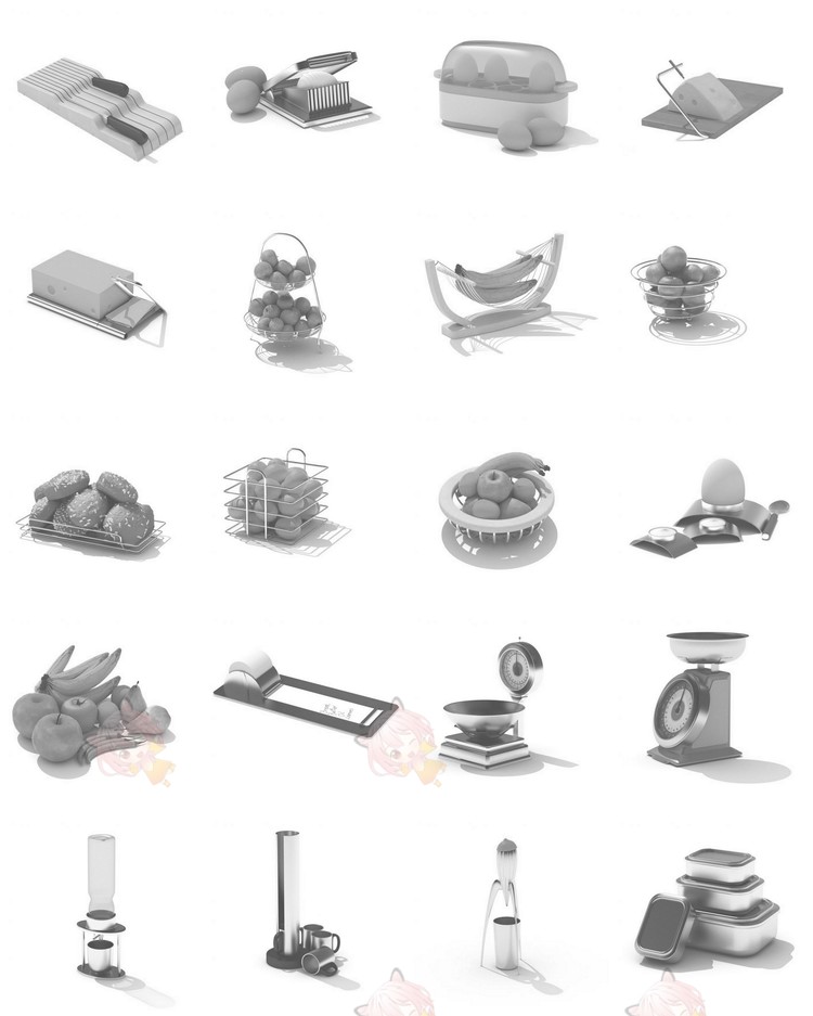 C4D白模厨房餐具用品水壶勺子盘子调料瓶罐杯子zbrush模型OBJ素材C5667