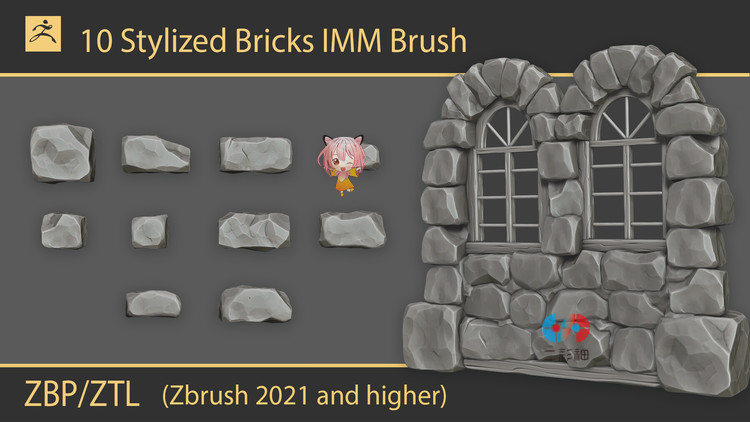 zbrush风格化砖块IMM笔刷fbx建模3D模型C4D素材maya资产ztl石头C5721