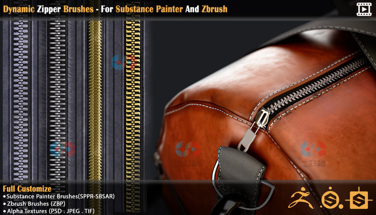 zbrush动态拉链画笔Substance Painter拉锁接缝alpha拉链齿3D贴图C5743