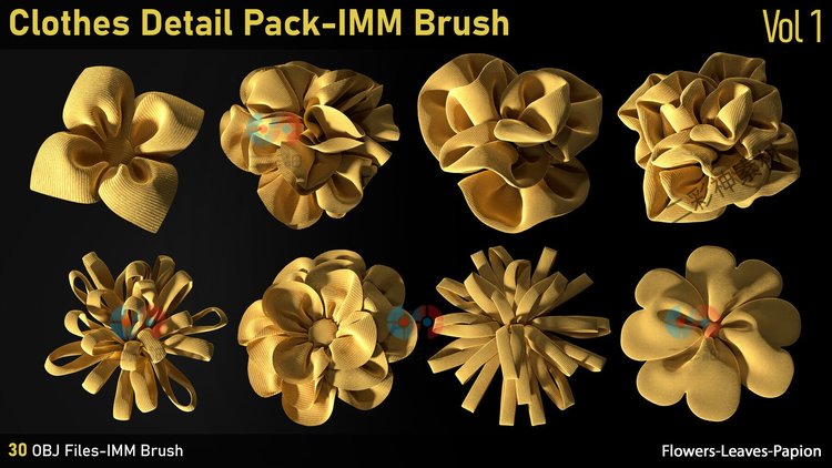 zbrush服饰面料花朵叶子服装zb建模IMM笔刷obj模型3D素材C4D领结C5751