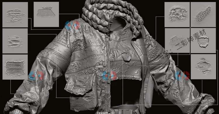 zbrush破损3dmax撕裂C4D布料VDM笔刷maya磨损sp贴图ue服装u3d纹理C5753