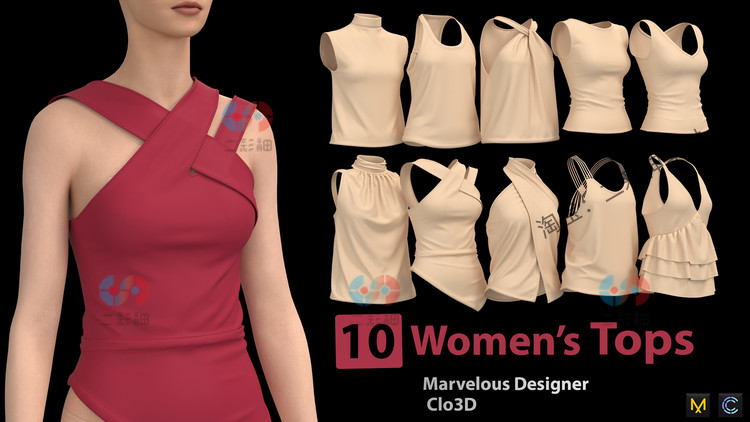 C4D白膜女式上衣背心zprj吊带clo3d服装obj建模fbx渲染3D模型衣服C5754
