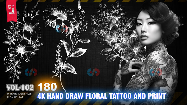 4K手绘花卉blender纹身印刷zbrush笔刷alpha贴图maya花朵C4D纹理C5763