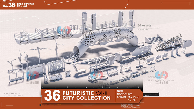 C4D白膜未来科幻城市公交车站墙壁obj桥梁fbx灯柱长凳栏杆3D模型C5785