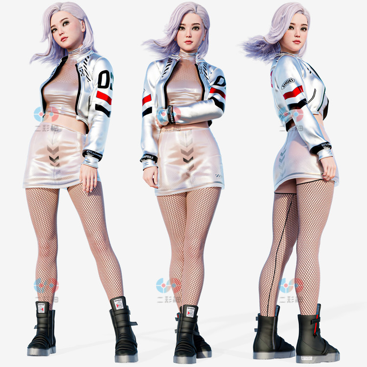 赛博朋克潮流女孩女生3D模型PBR纹理游戏就绪服装fbx女性obj建模C5804 