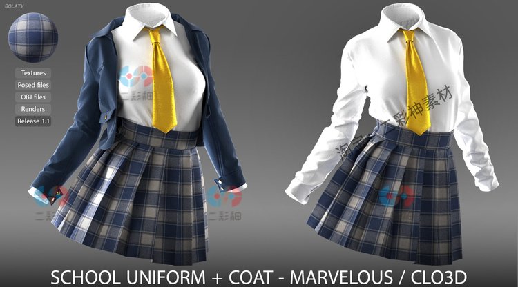 JK裙子C4D校服外套Marvelous衣服CLO3D项目文件fbx服装blend配饰C5808