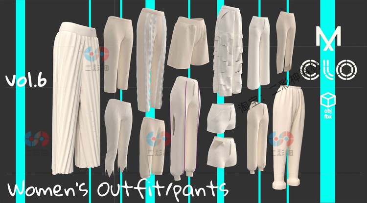 C4D白膜女装裤子fbx服装Marvelous Designer服饰clo3d工程obj建模C5811